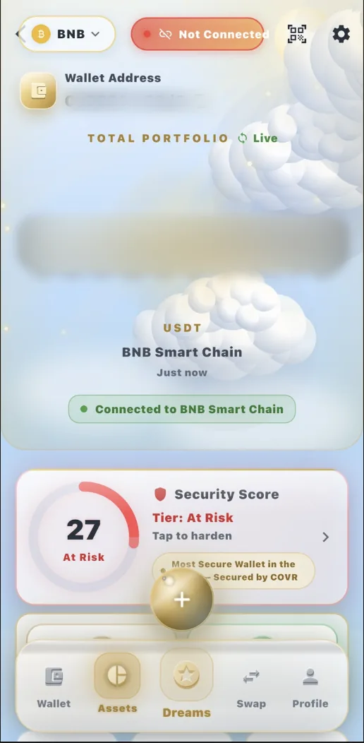 The Assets page: network selector, live total portfolio (hidden here for privacy) and the COVR Security Score