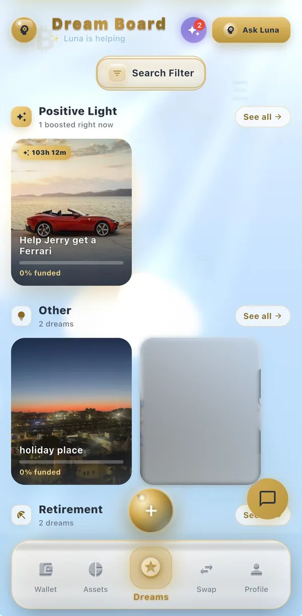 The Dream Board: dreams boosted by Positive Light, dream categories, search filter and Ask Luna