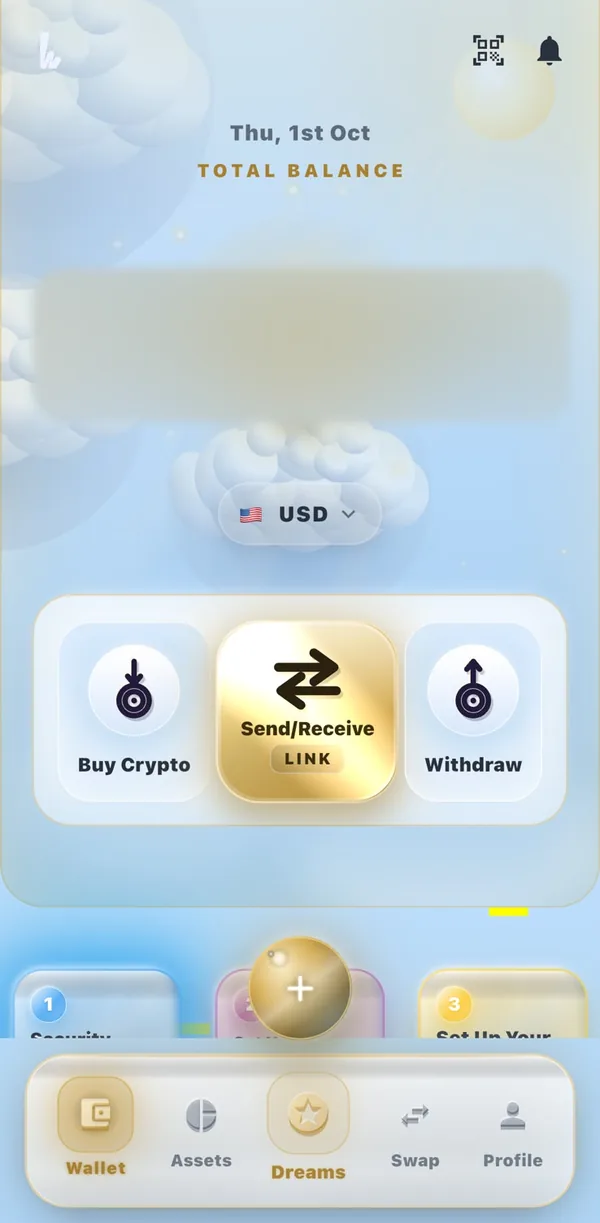 Heaven Wallet's Wallet page: total balance (hidden here for privacy), currency selector, and the gold Send/Receive button between Buy Crypto and Withdraw